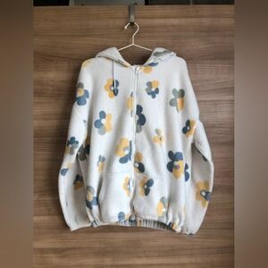 Floral Patterned Hooded Sweater - White, Yellow, Gray